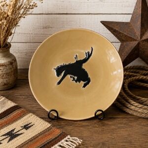 Cowboy Living Bucking Bronco Western Stoneware Salad Plate Tan Black 8.5 Inch
